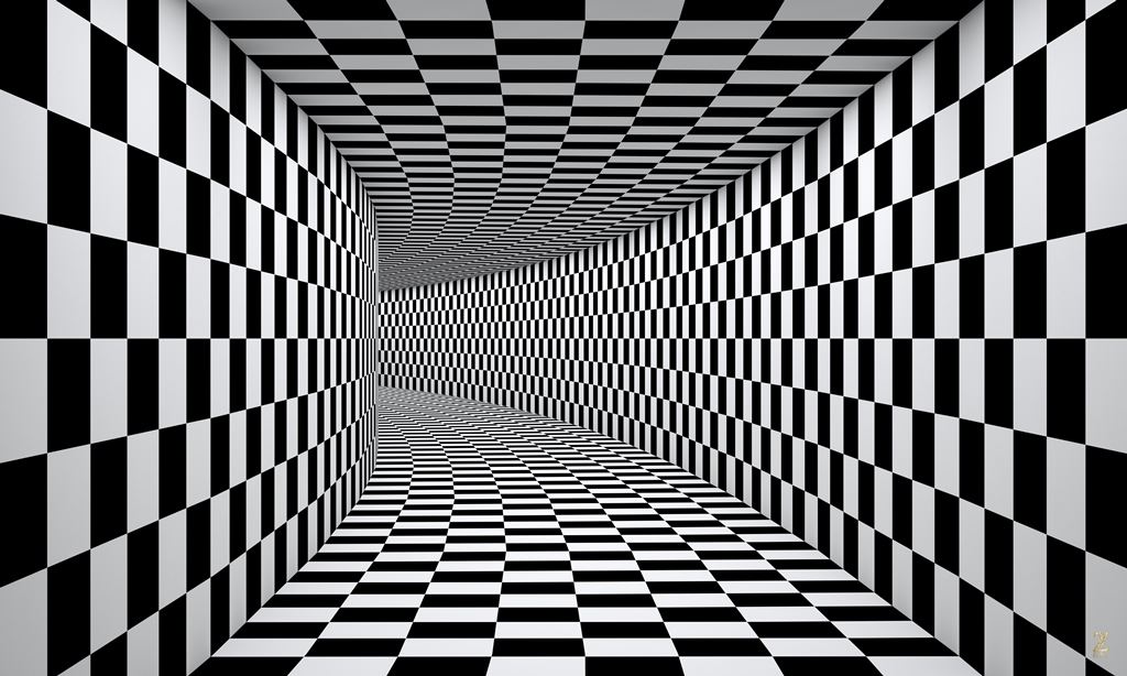 3D Black & white checkered tunnel wallpaper