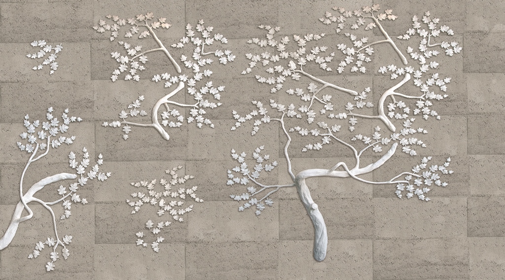 3D White Colour Tree. Grey Color Brick background wallpaper.