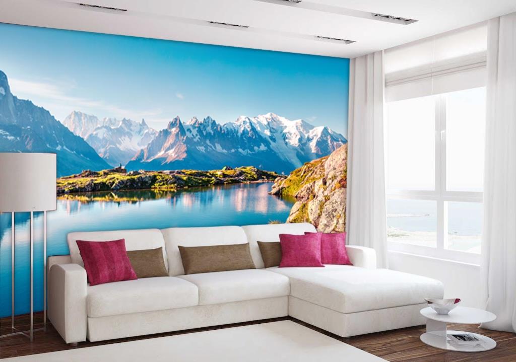 Nature Wallpaper for wall with Colorful summer panorama of Lac Blanc Lake  with Monte Bianco on background. This beautiful outdoor experience is  unlike any other. Buy best digital wallpaper for home online.